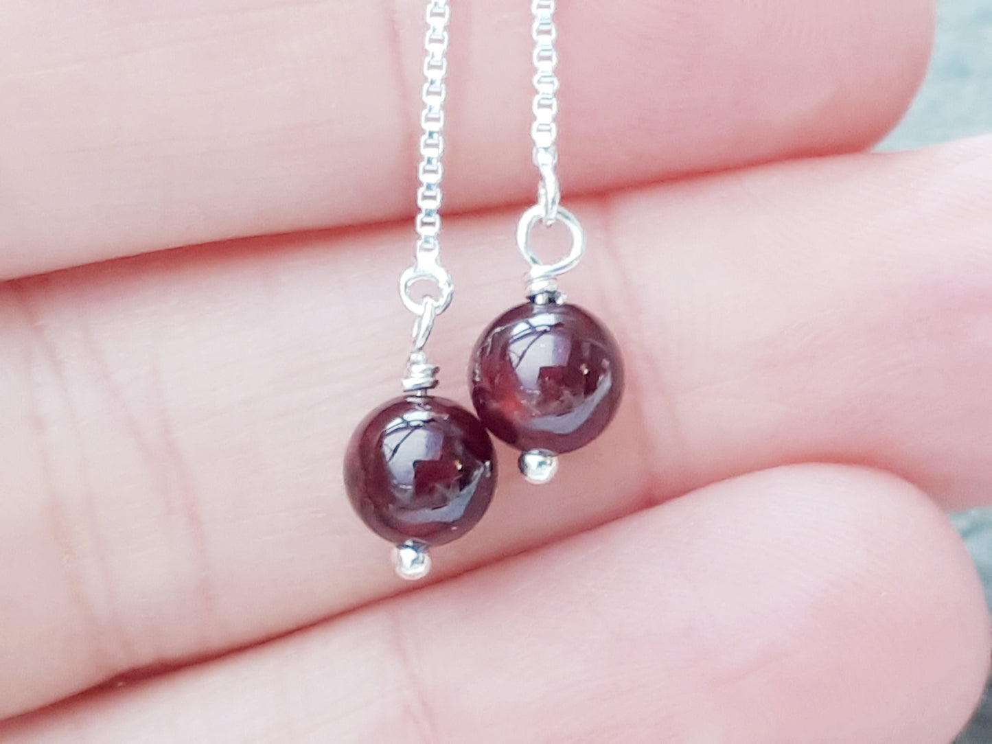 January birthstone earrings. Garnet threader earrings.