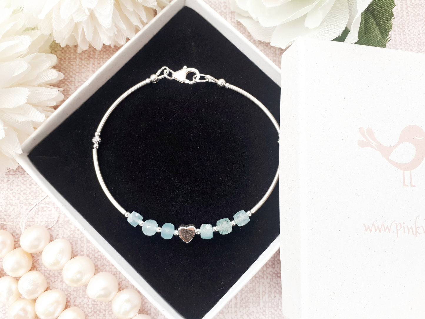 Aquamarine bracelet in sterling silver. March birthstone.