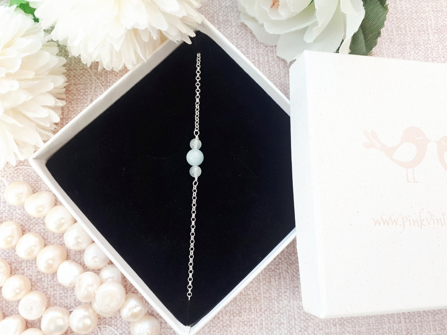 Aquamarine anklet sterling silver. March birthstone gift.