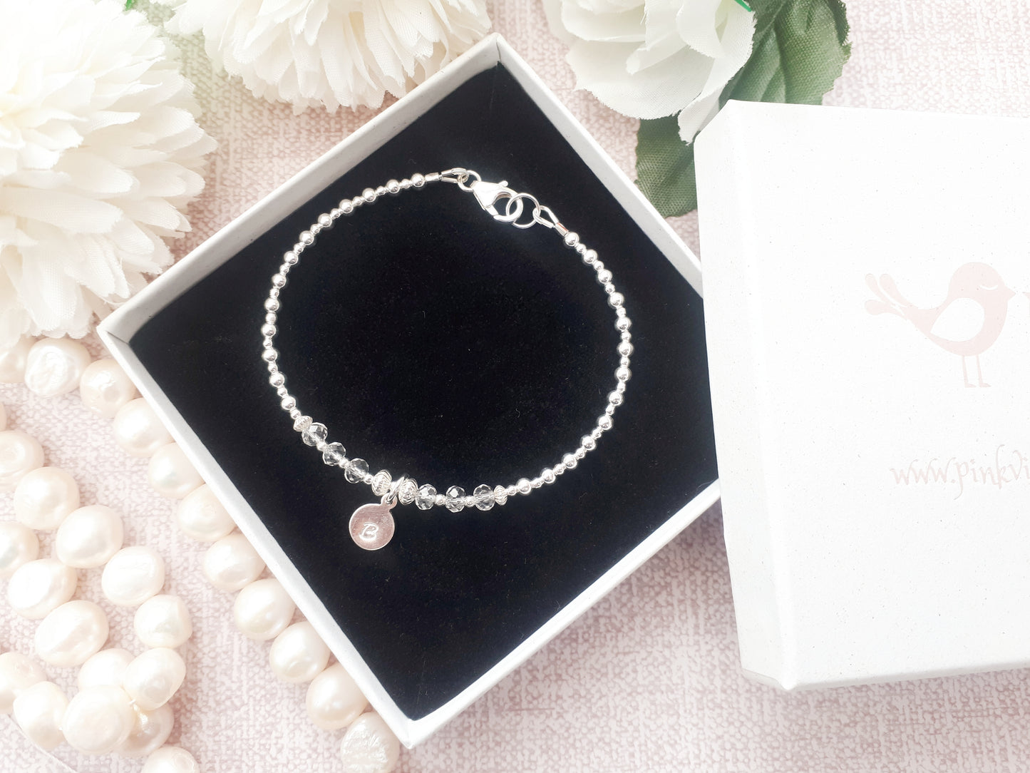 Crystal quartz initial bracelet. April birthstone.