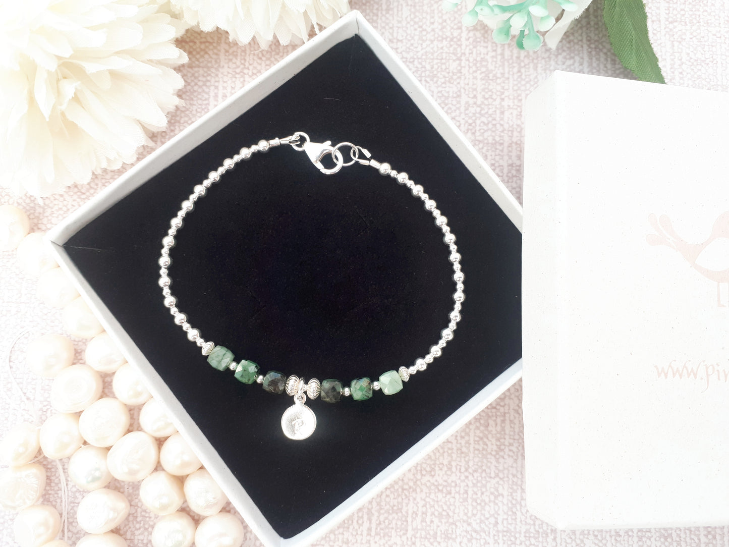 Emerald initial gemstone bracelet. May birthstone bracelet.