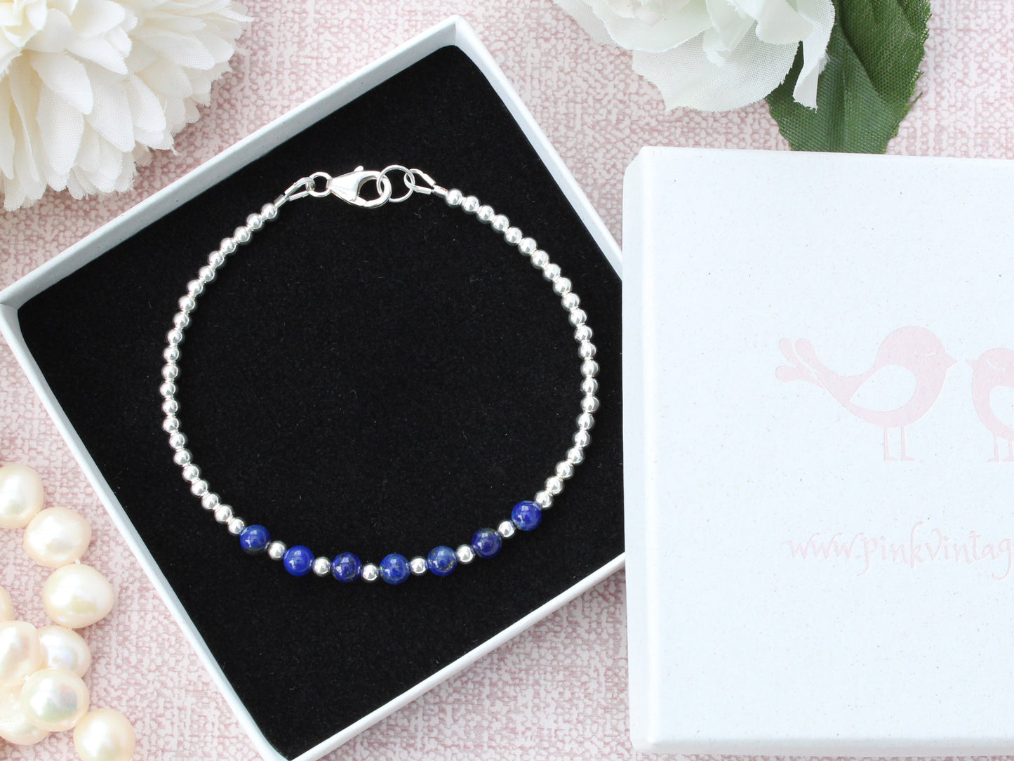 Lapis lazuli milestone bracelet in sterling silver. September birthstone.