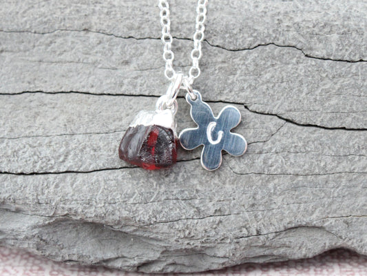 Personalised raw garnet necklace in sterling silver.