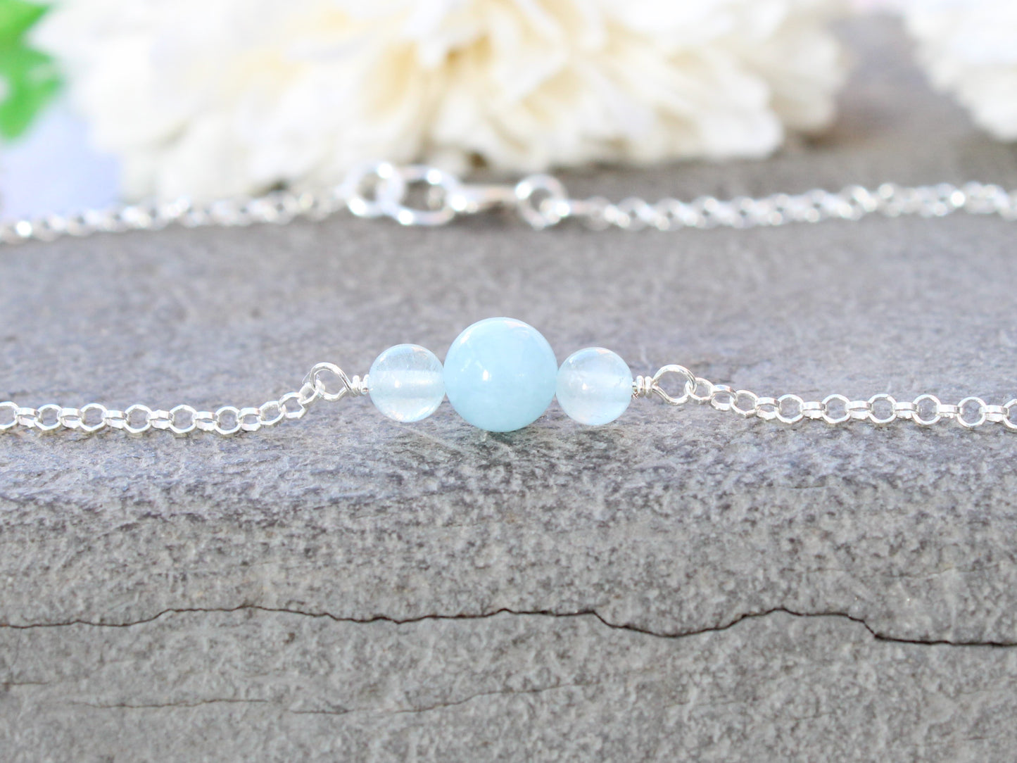 Aquamarine anklet sterling silver. March birthstone gift.
