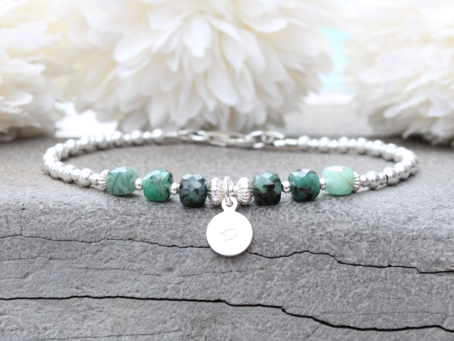 Emerald initial gemstone bracelet. May birthstone bracelet.