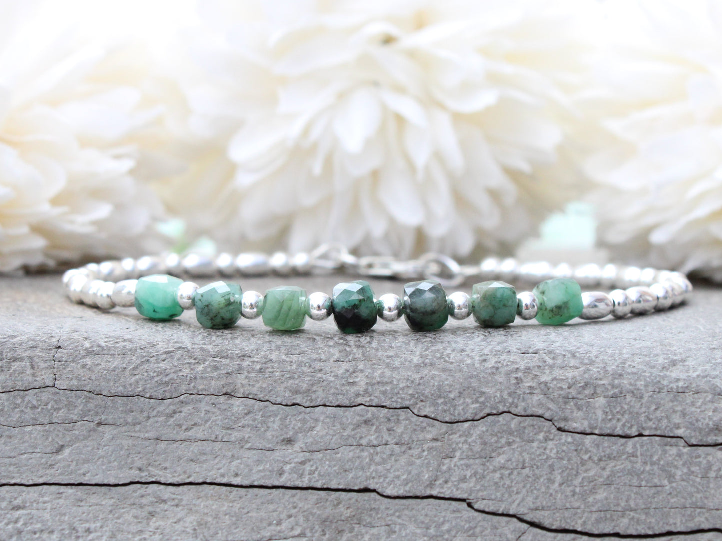 Emerald anklet in sterling silver. May birthstone gift.