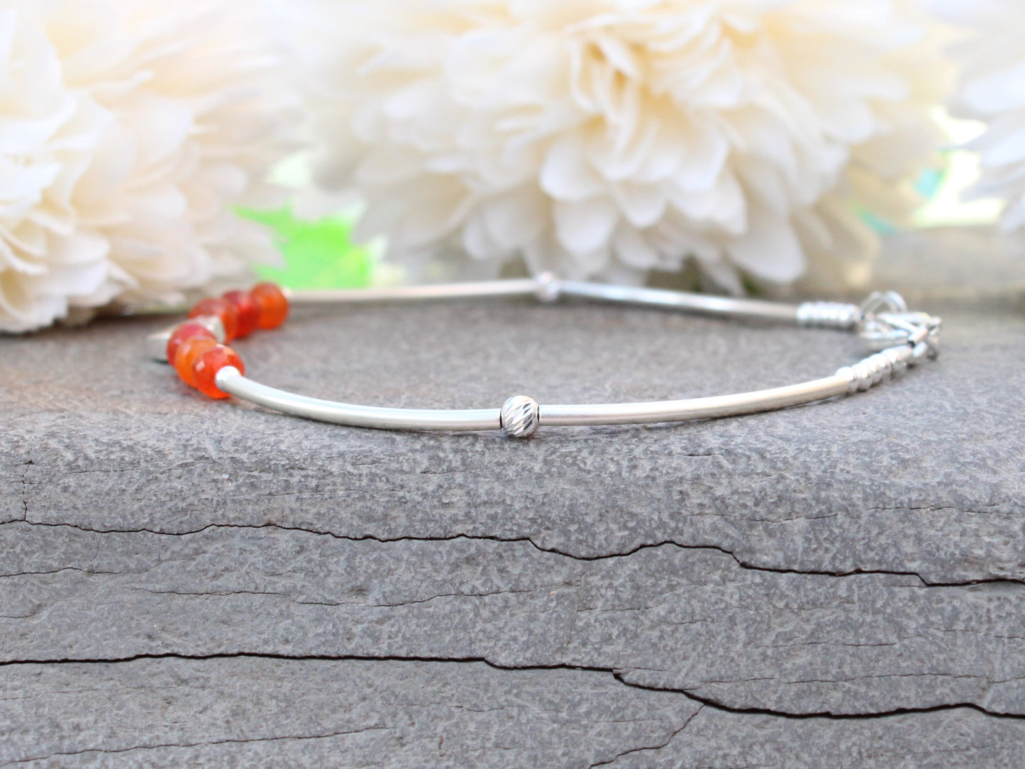 Carnelain bracelet sterling silver with optional personalised initial tag. July birthstone bracelet.