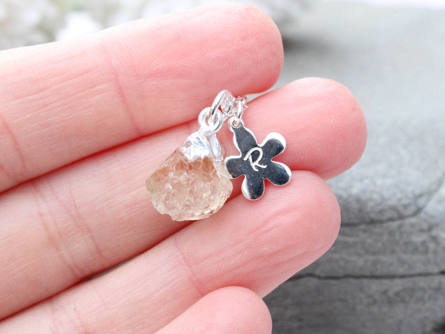 Personalised citrine necklace in sterling silver.