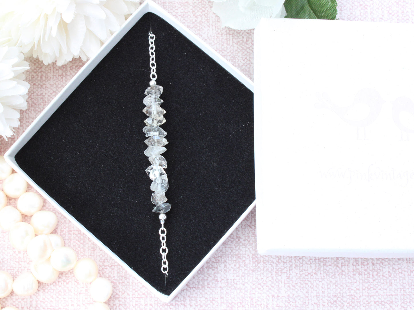 Herkimer diamond adjustable bracelet in sterling silver.