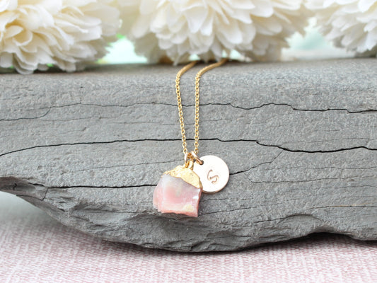 Personalised pink opal necklace in gold.