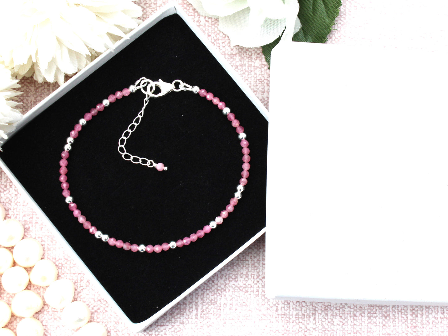 Personalised pink tourmaline bracelet in sterling silver.