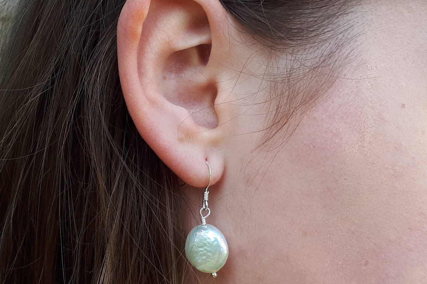Coin pearl earrings in sterling silver or gold.