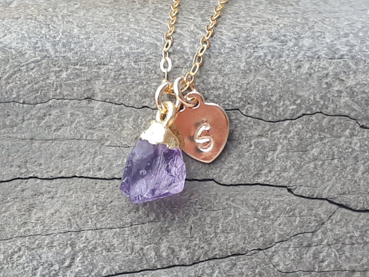 Personalised amethyst necklace in gold. February birth stone.