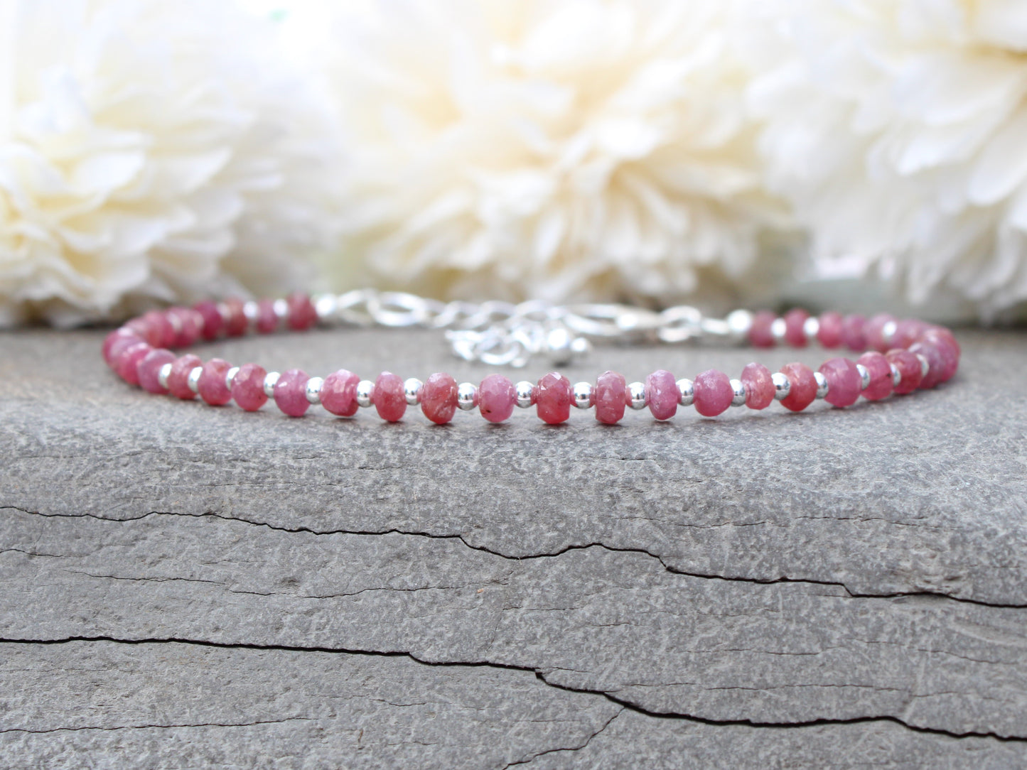 Ruby bracelet sterling silver with optional personalised initial tag. July birthstone bracelet.