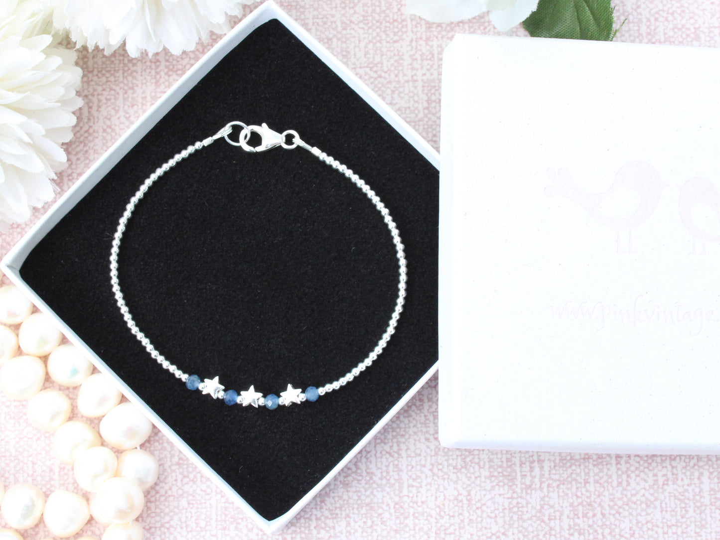 Sapphire bracelet sterling silver with optional personalised initial tag. September birthstone bracelet.