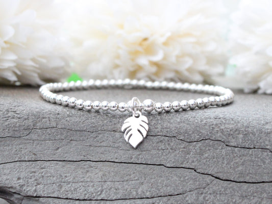 Sterling silver beaded monstera leaf bracelet.