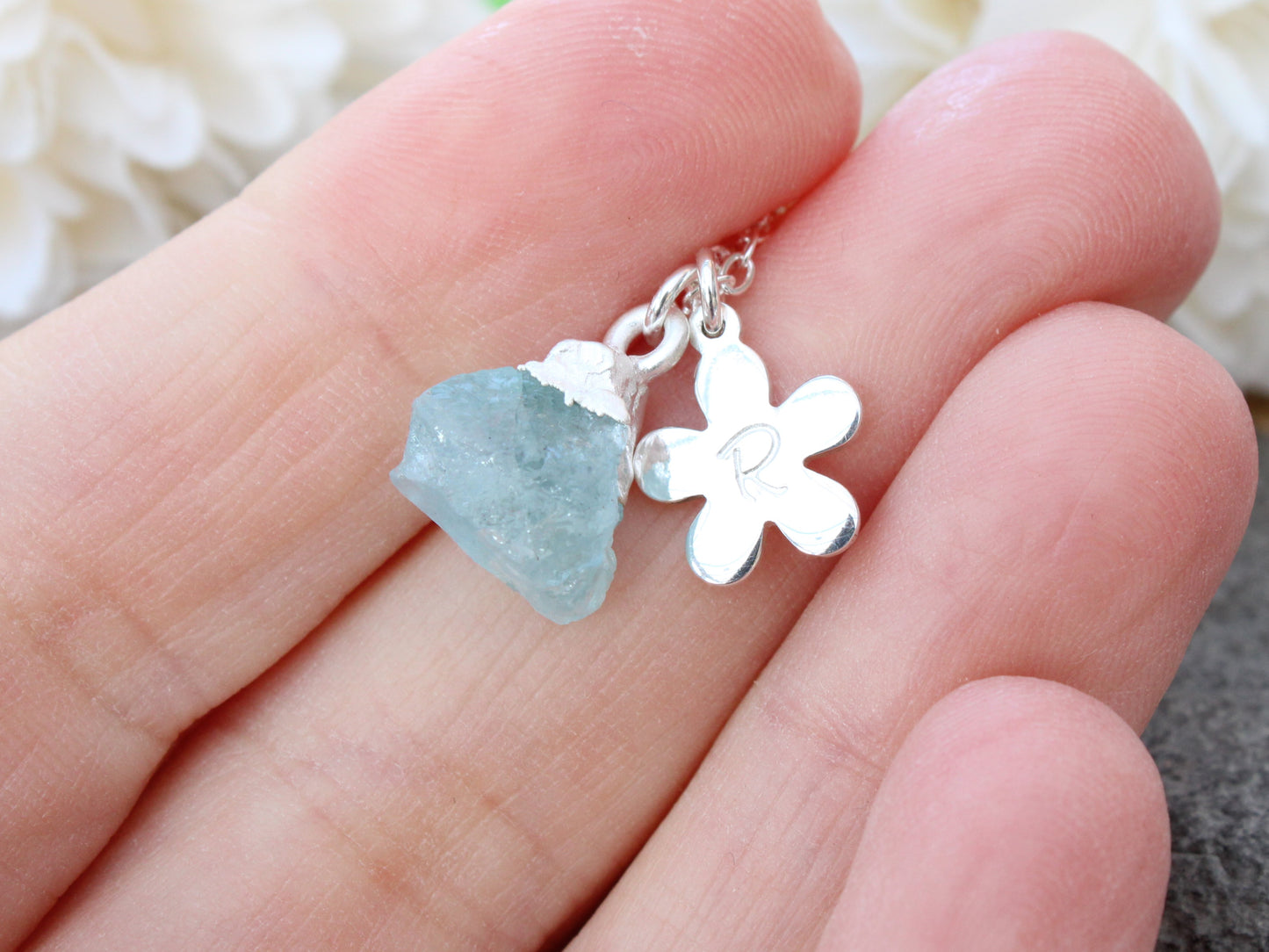 Personalised aquamarine necklace in sterling silver.