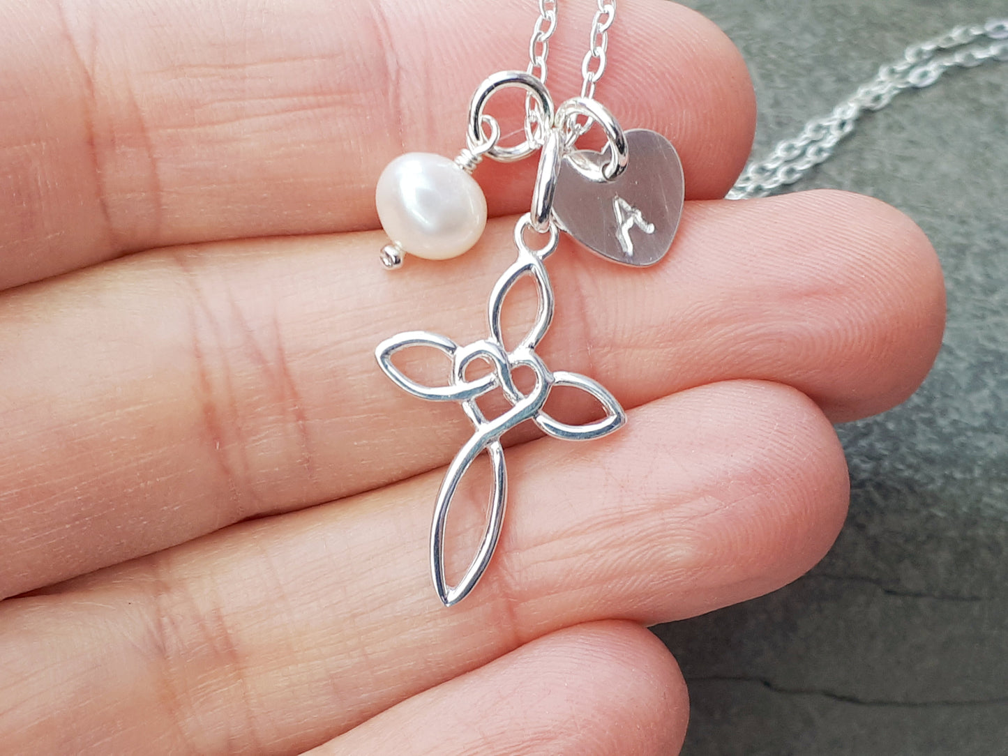 Personalised cross necklace with freshwater pearl.