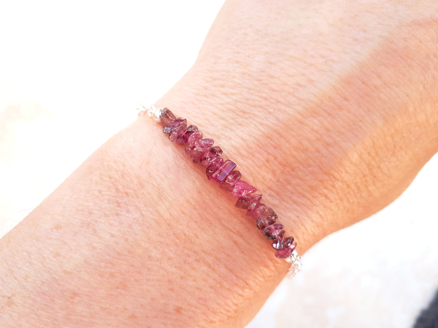 Raw pink tourmaline adjustable bracelet in sterling silver.
