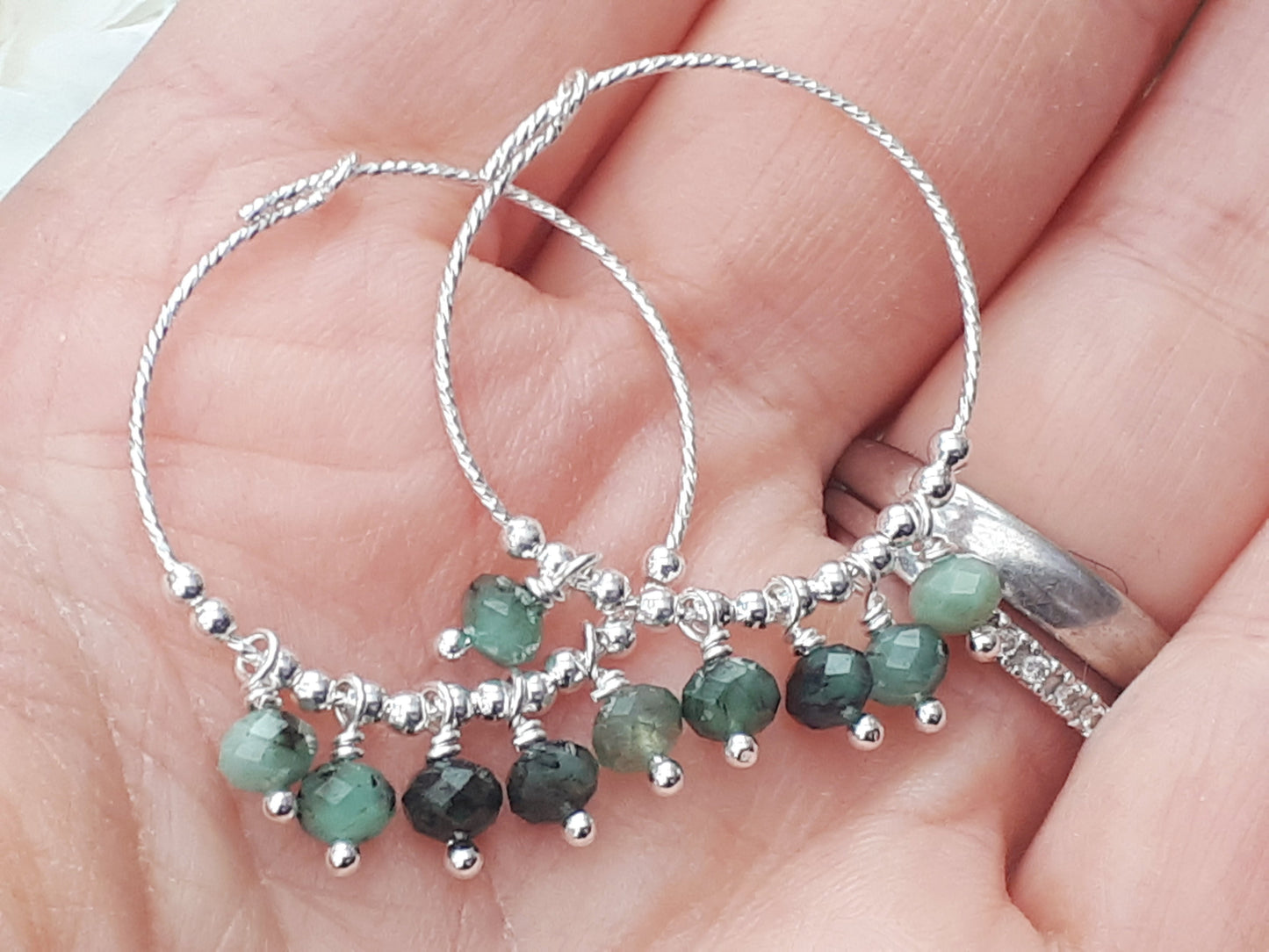 Emerald hoop earrings. May birthday gift.