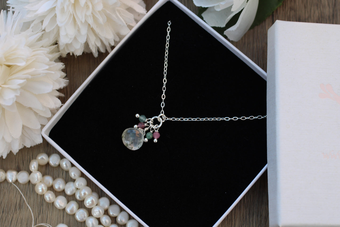 Moss Agate Cluster Pendant with Pink & Green Tourmaline