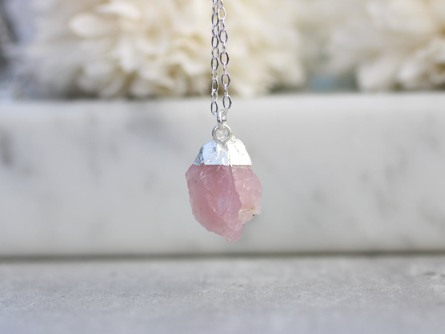 Raw Rose Quartz Pendant Necklace in Sterling Silver | Natural Pink Gemstone | Italian Chain | Gift for Her