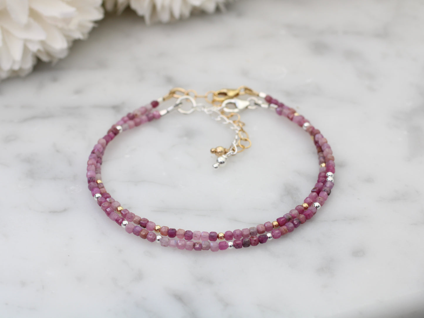 Skinny ruby bracelet in silver or gold. July birthstone.