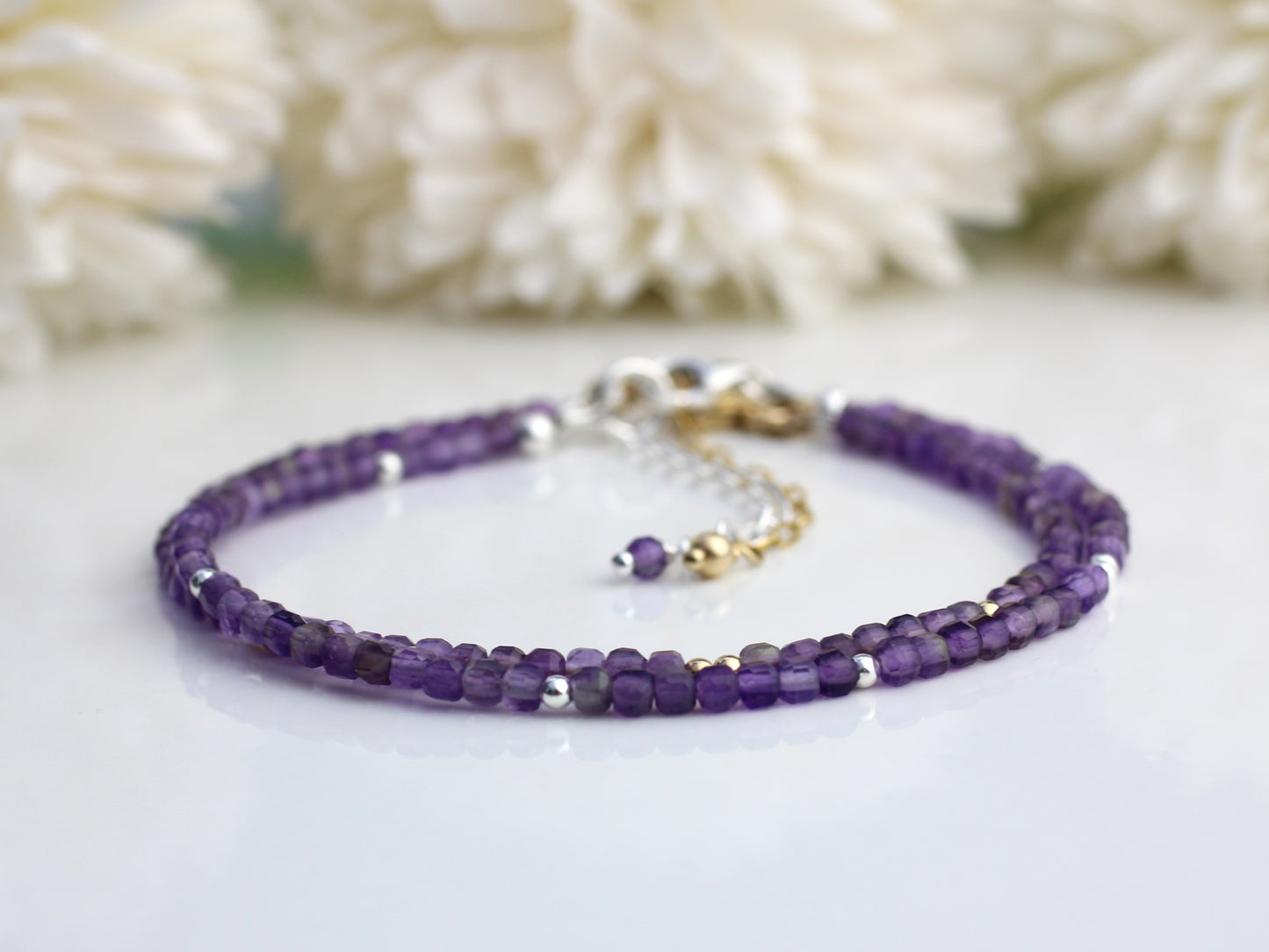 Skinny amethyst bracelet in silver. Ready to ship.