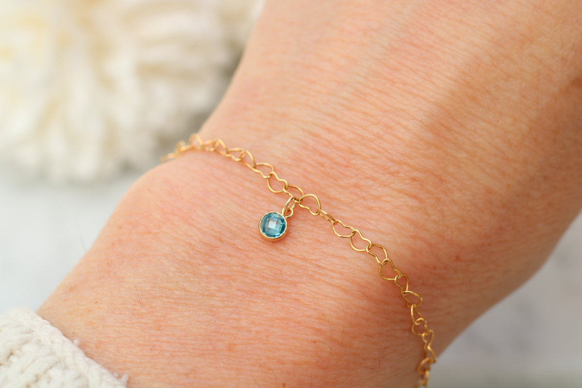 Heart Chain Bracelet with December Charm in Sterling Silver or Gold.