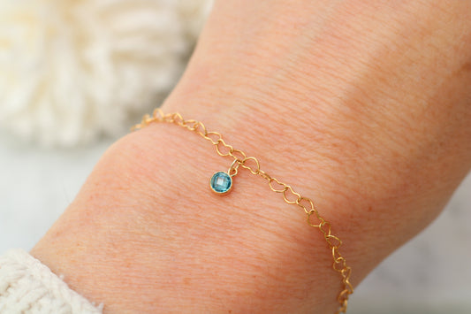 Heart Chain Bracelet with December Charm in Sterling Silver or Gold.