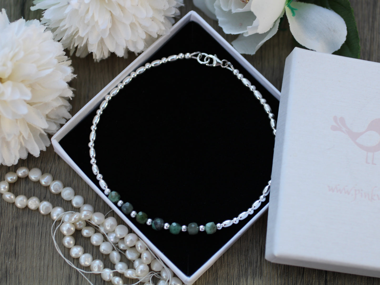 Emerald anklet in sterling silver. May birthstone gift.