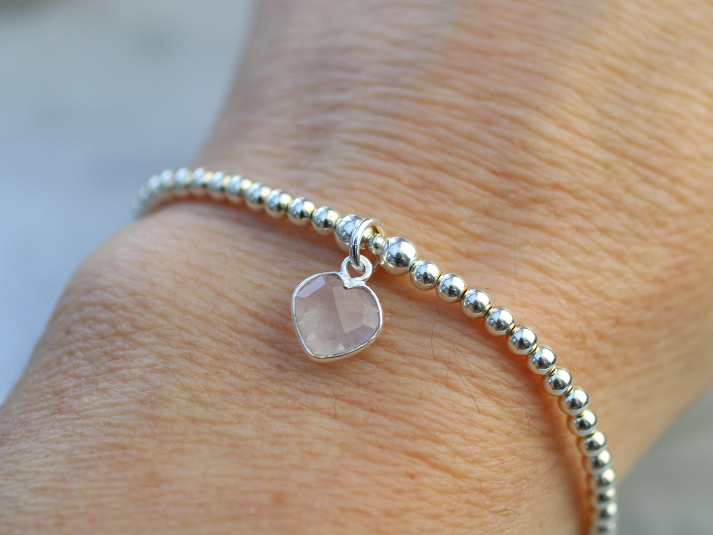 Rose Quartz Heart Beaded Bracelet in Sterling Silver | Pink Gemstone Bracelet | Gift for Her