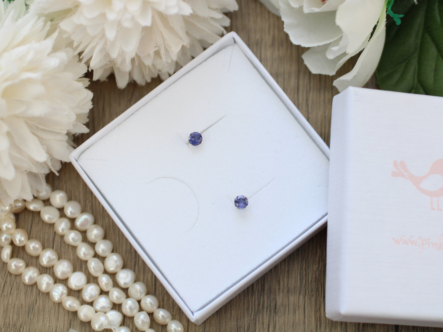 Iolite stud earrings in sterling silver or gold filled.