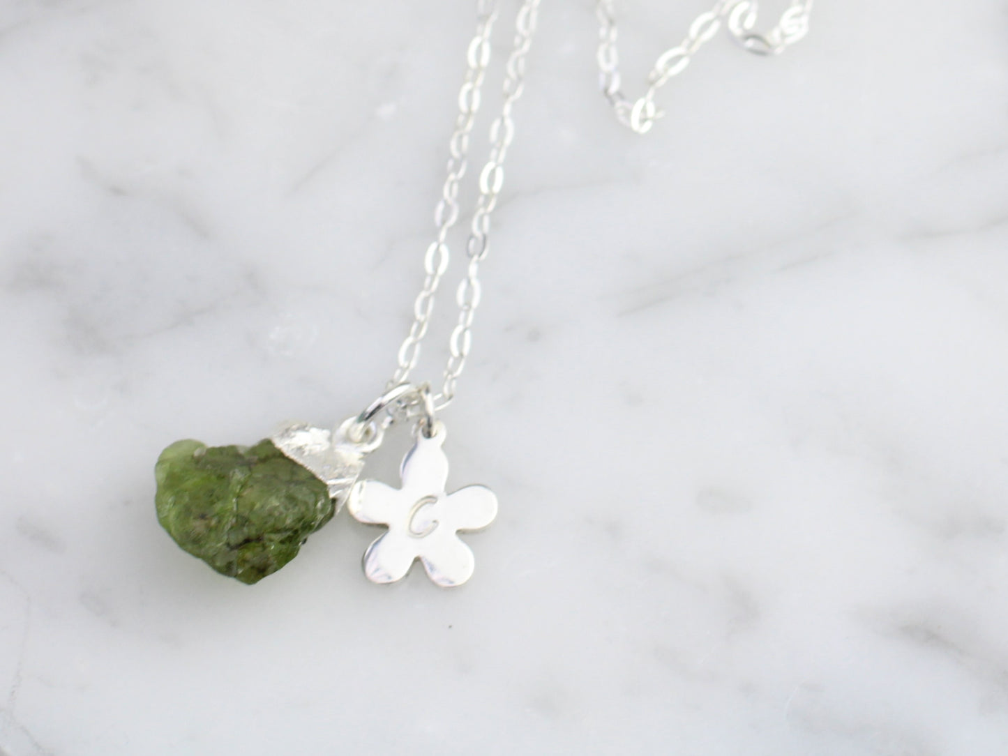 Personalised peridot necklace in silver.