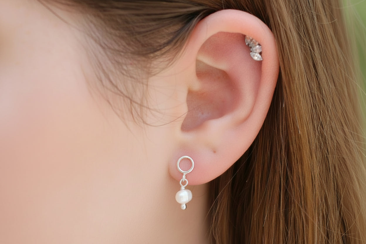 Circle & Pearl Drop Earrings | Minimalist Freshwater Pearl Earrings