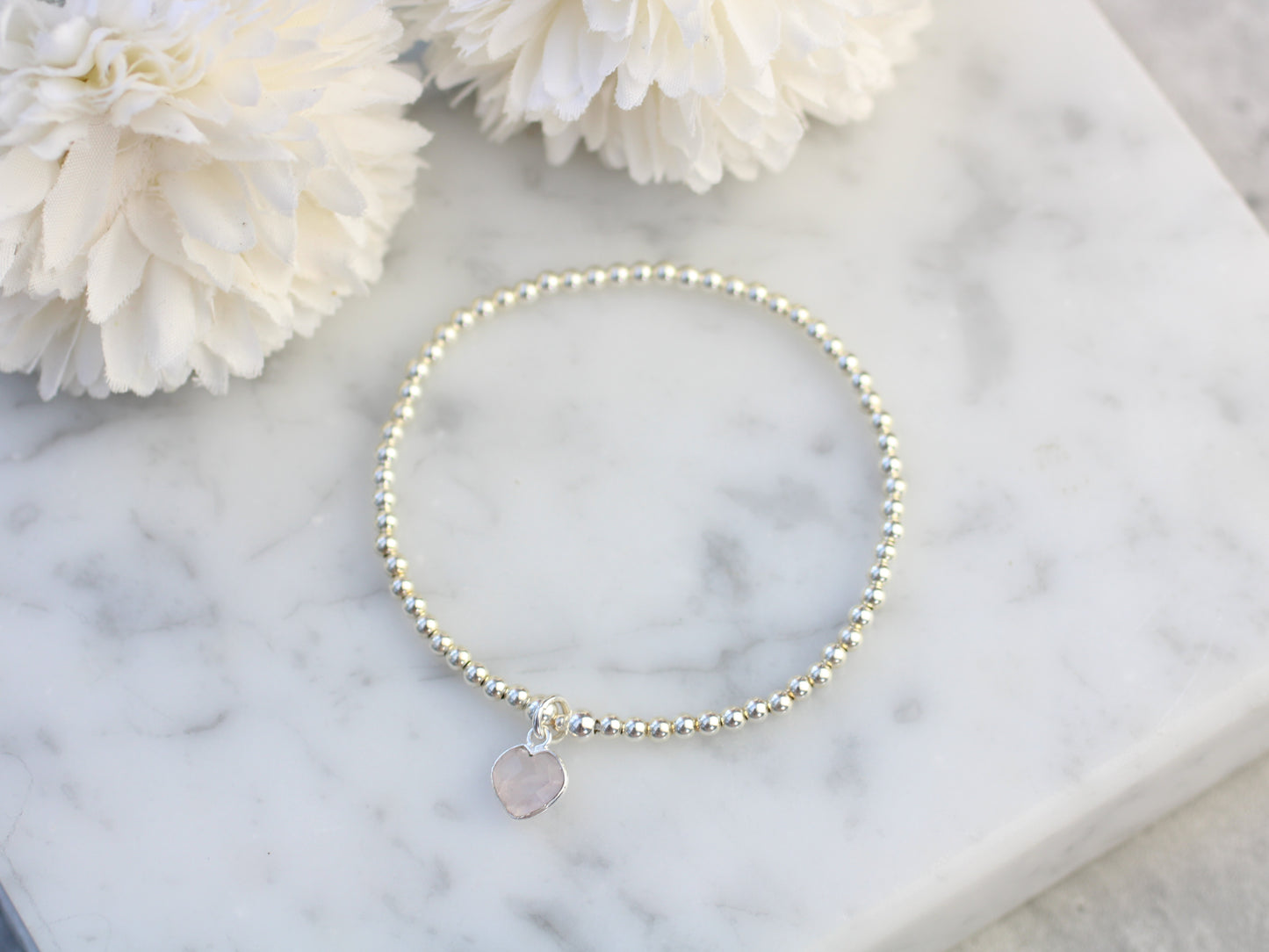 Rose Quartz Heart Beaded Bracelet in Sterling Silver | Pink Gemstone Bracelet | Gift for Her