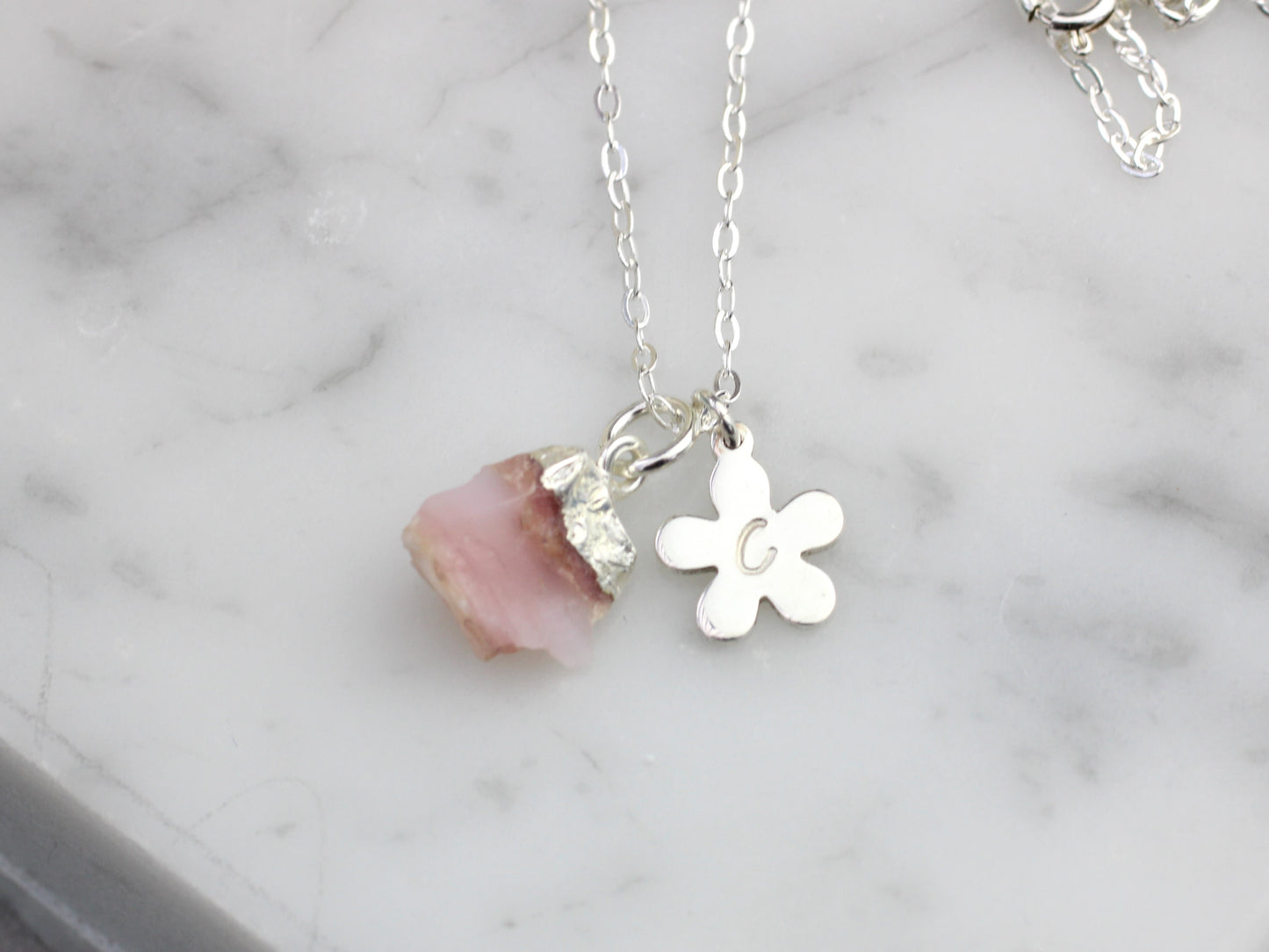 Personalised pink opal necklace in silver.