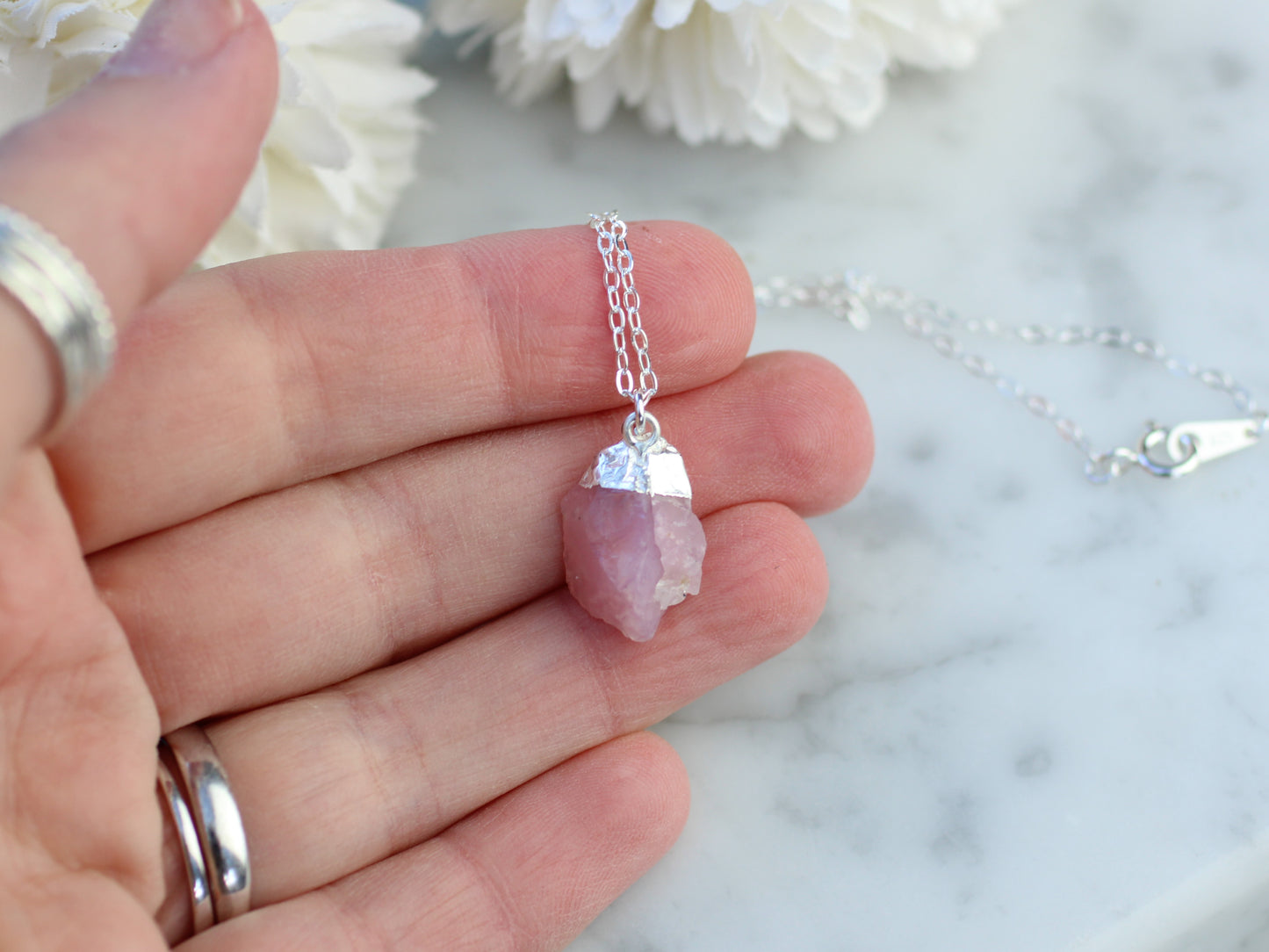 Raw Rose Quartz Pendant Necklace in Sterling Silver | Natural Pink Gemstone | Italian Chain | Gift for Her