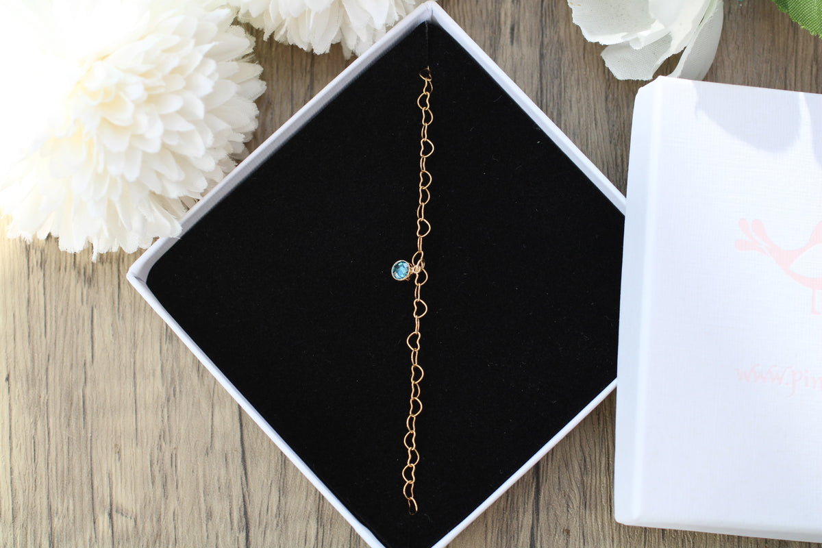 Heart Chain Bracelet with December Charm in Sterling Silver or Gold.