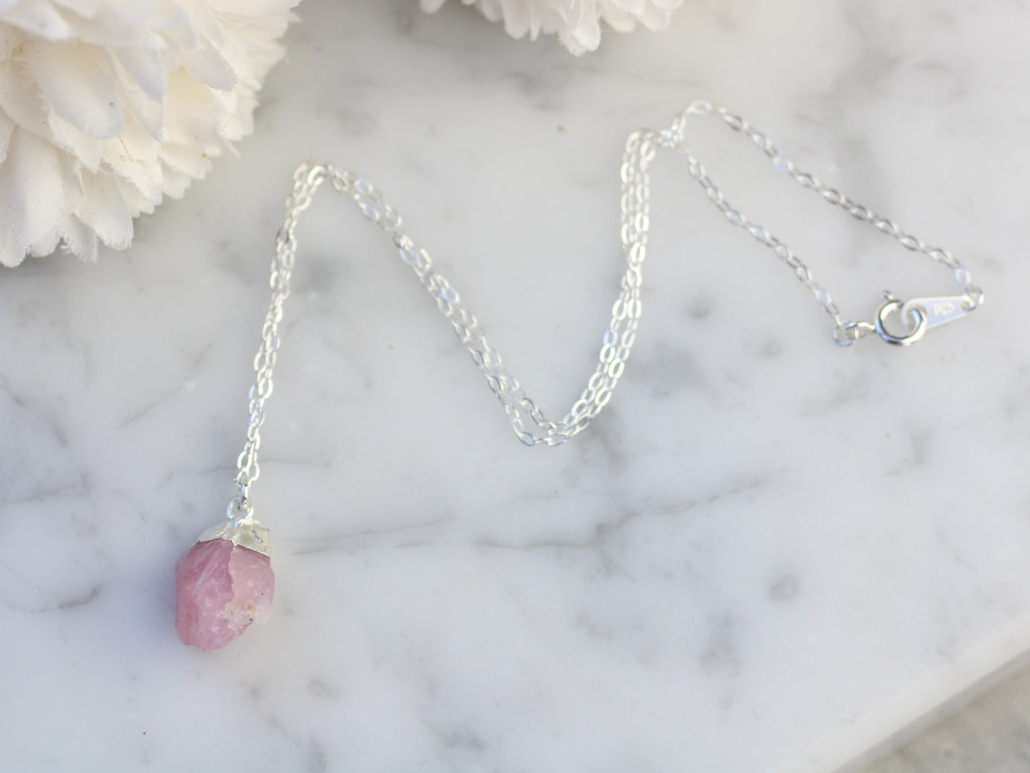 Raw Rose Quartz Pendant Necklace in Sterling Silver | Natural Pink Gemstone | Italian Chain | Gift for Her