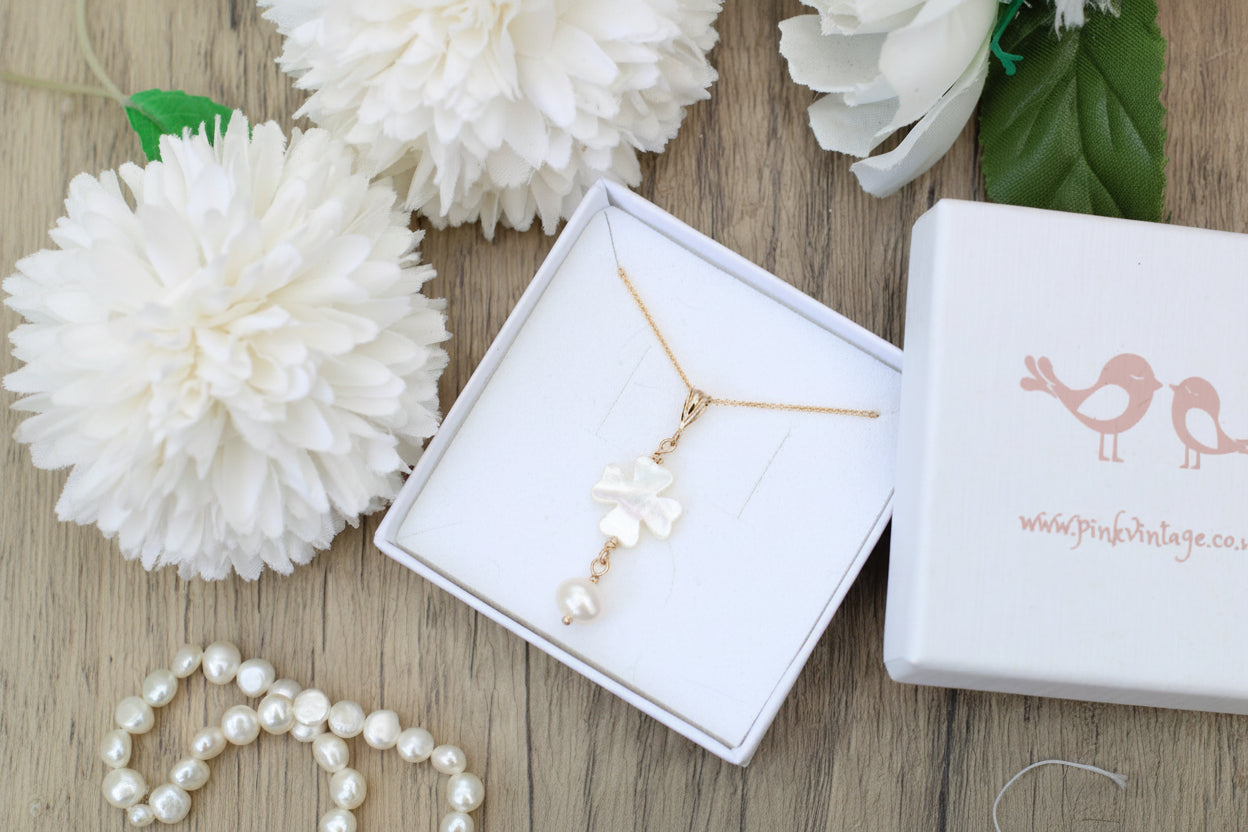 Mother of Pearl Clover & Freshwater Pearl Pendant Necklace | Sterling Silver or Gold Filled