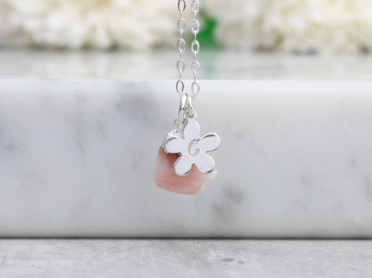 Personalised pink opal necklace in silver.