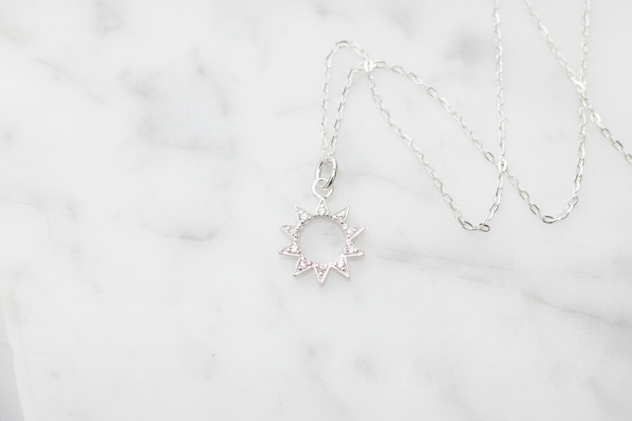 Sparkly Sun Charm Necklace in Sterling Silver