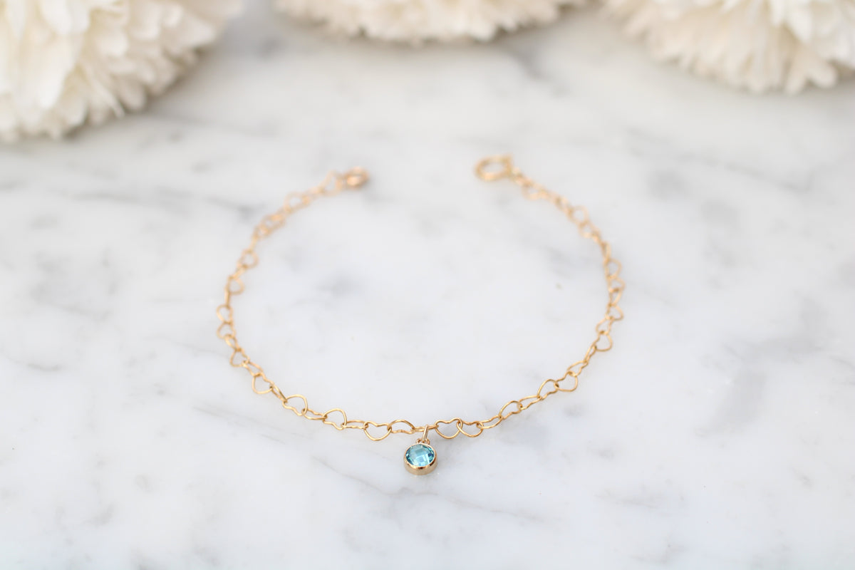 Heart Chain Bracelet with December Charm in Sterling Silver or Gold.