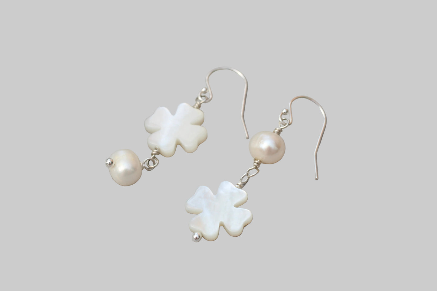 Mother of Pearl Clover & Freshwater Pearl Mismatched Earrings – Sterling Silver