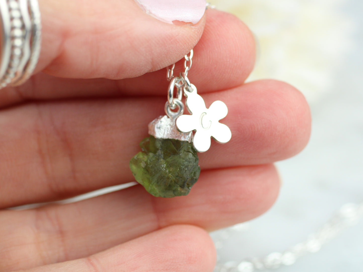 Personalised peridot necklace in silver.