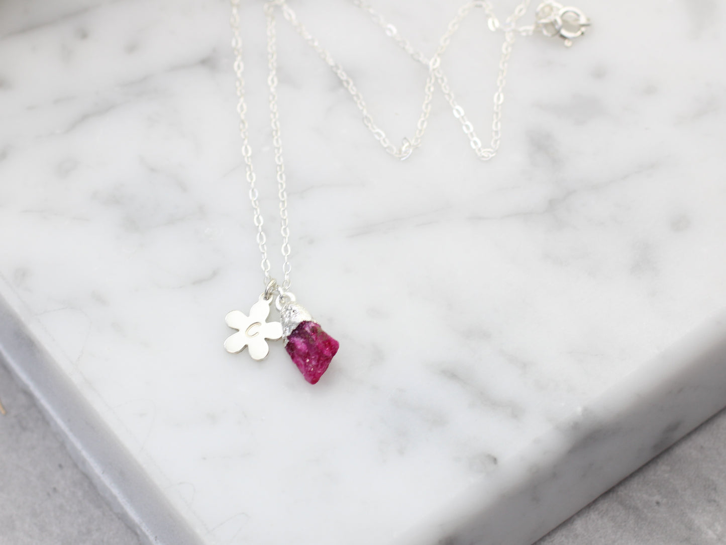 Personalised ruby necklace in sterling silver.