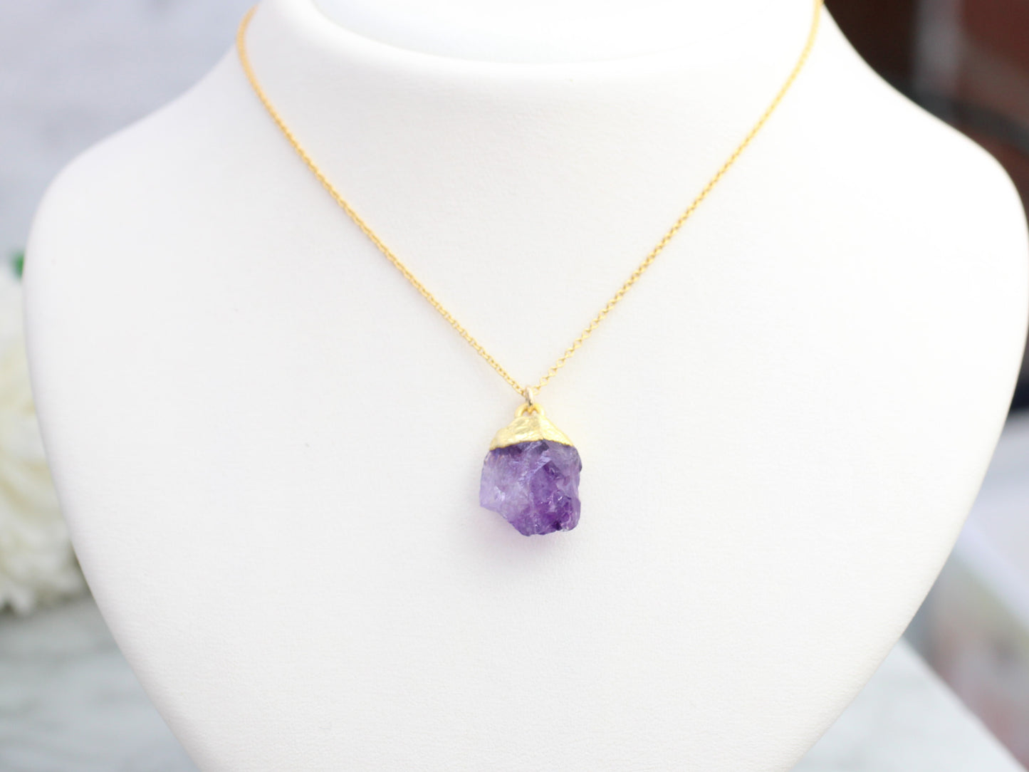 February birthstone necklace. Amethyst gold necklace.
