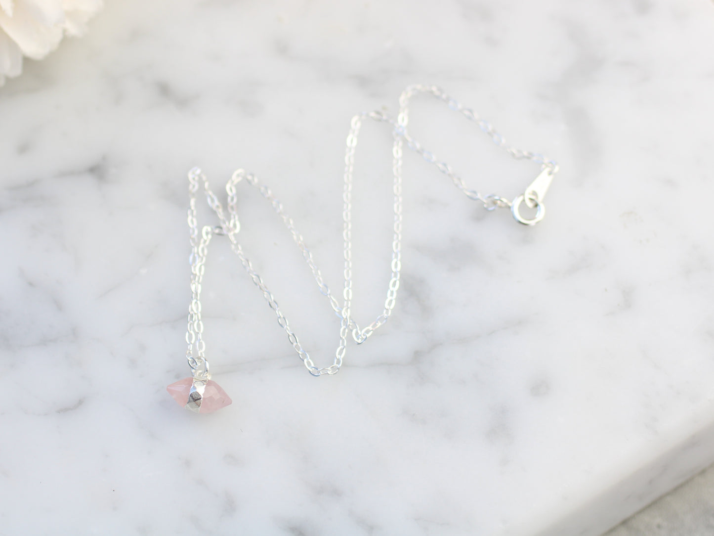 Raw Rose Quartz Necklace in Sterling Silver | Double Point Crystal Pendant | Italian Chain | Gift for Her