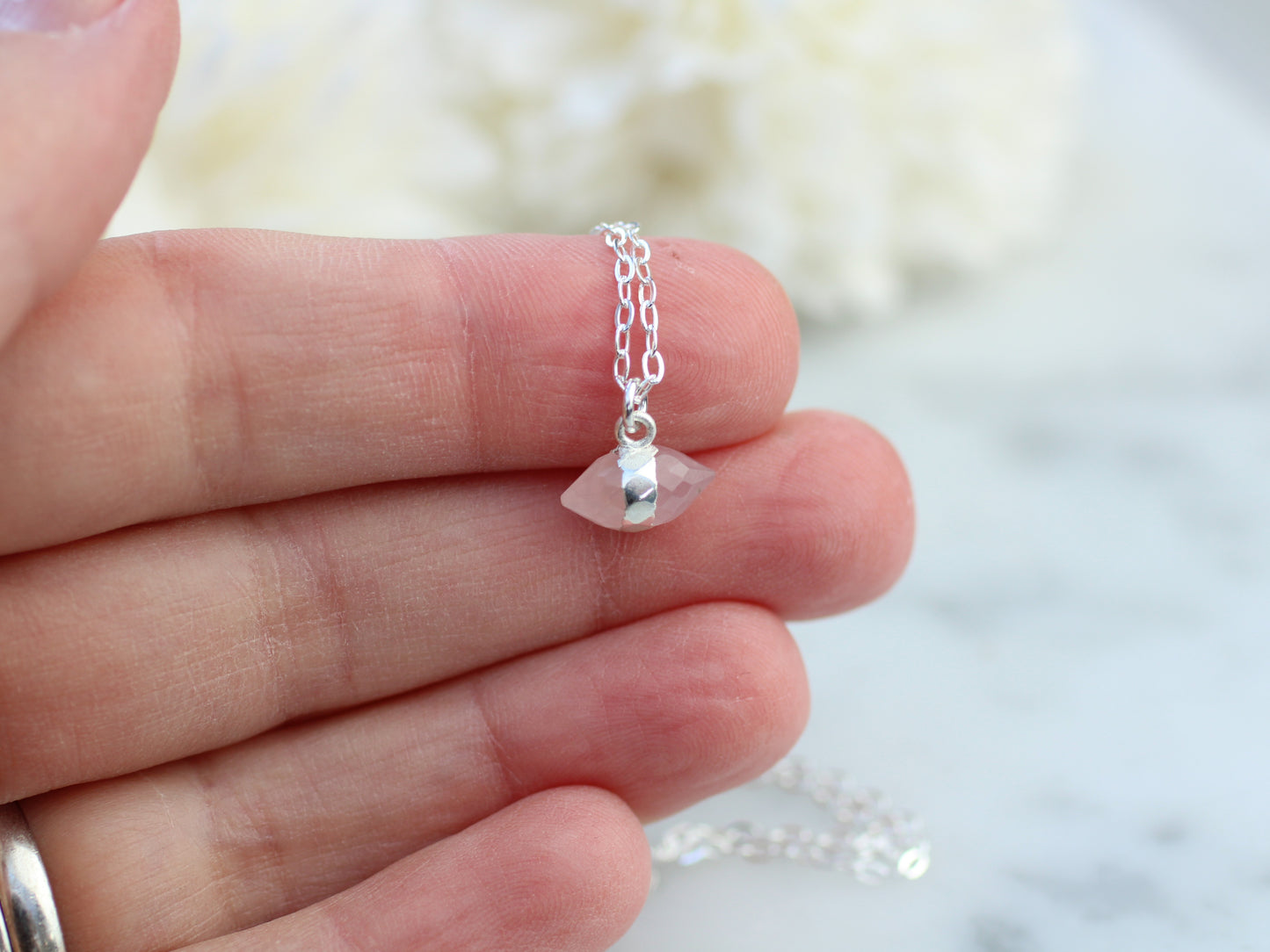 Raw Rose Quartz Necklace in Sterling Silver | Double Point Crystal Pendant | Italian Chain | Gift for Her